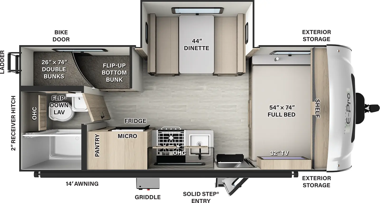 The E20BHS has one slide out and one entry. Exterior features storage, solid step entry, bike door, ladder, 2 inch receiver hitch, griddle, and 14 foot awning. Interior layout front to back: side-facing full bed with overhead shelf and TV; off-door side slide out with dinette; door side entry, kitchen counter with sink, overhead cabinet, microwave, refrigerator, and pantry; rear off-door side double bunks with flip-up bottom bunk; rear door side full bathroom with overhead cabinet and flip-down lavatory.